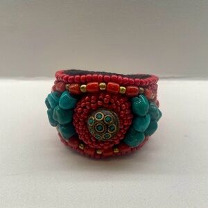Handcrafted Beaded Bracelet - Red and Turquoise